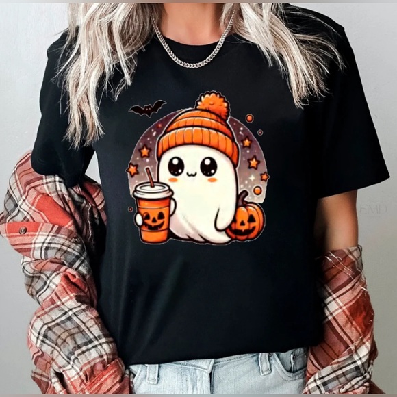 Tops - Ghost & Pumpkin Women's Graphic Print Short Sleeve Shirt NEW